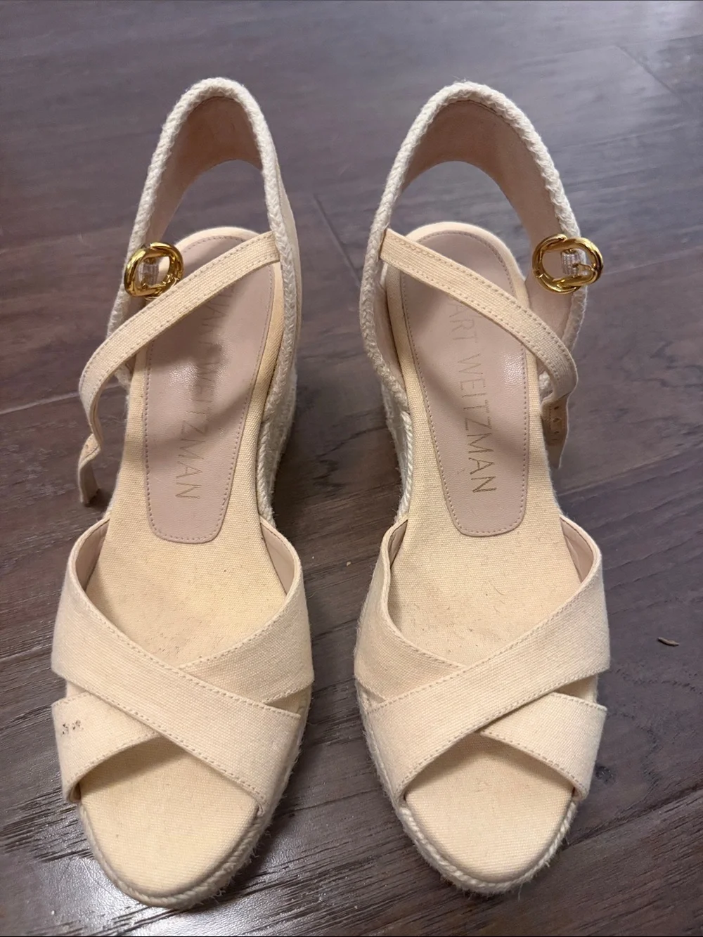 Stuart Weitzman Cream Crisscross Espadrille Wedge Sandals